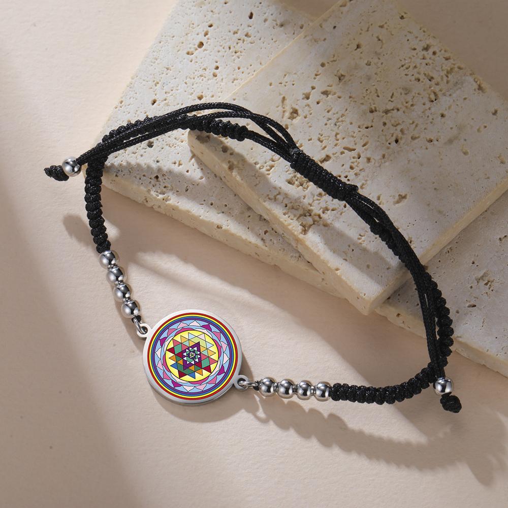 Dawapara Sri Yantra Bracelet Adjustable Braided Rope Sacred Geometry Mandala Chakra Spiritual Jewelry Stainless Steel