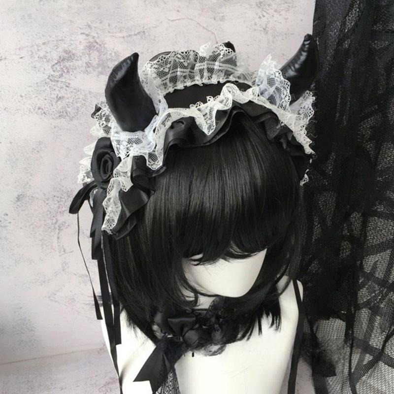 Devil Horn Headband Headpiece Gothic Lace Hairband Gothic Costume Accessories For Women Halloween Cosplay Music Festival