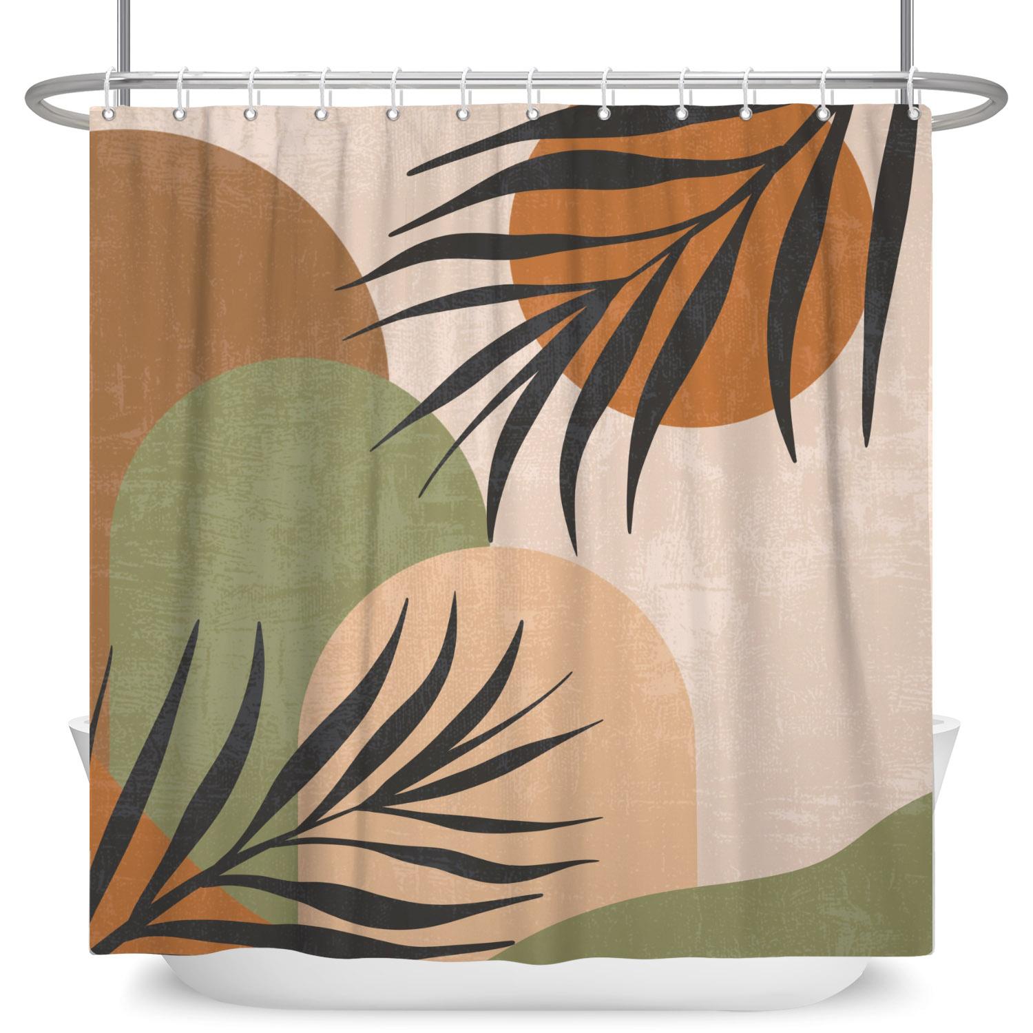 

Bohemian Abstract Geometric Shower Curtain Modern Plant Leaf Print Waterproof Bath Curtain Bathroom Decor Polyester With Hooks W90cm x H180cm