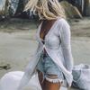 Women's Fashion Bikini Cover Up Slub Bell Sleeve Lace Loose Beach Swimsuit Cover Up