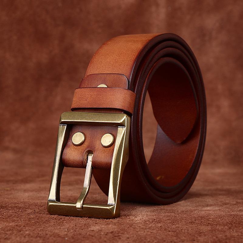 Retro Style Belt American Hand-Frosted Men'S Belt First Layer Pure Cowhide Copper Buckle Jeans Genuine Leather Belt