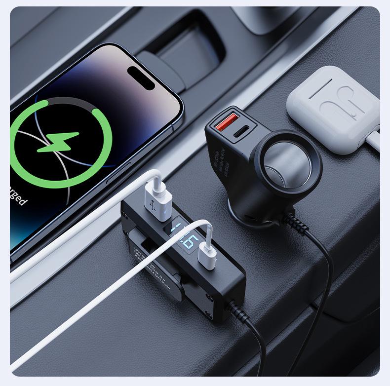 Multifunctional Car Charger with QC3.0+PD Fast Charging, 12V/24V Compatibility, and Voltage Display