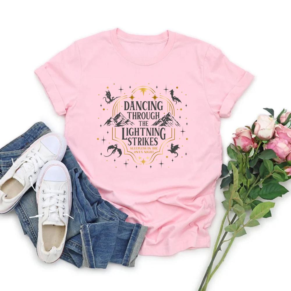 2026 Dancing At Lightning Cross Print Tee Fourth Wing Dragon Print Tee Ladies Short Sleeve Tee Obsidian Storm Tee S