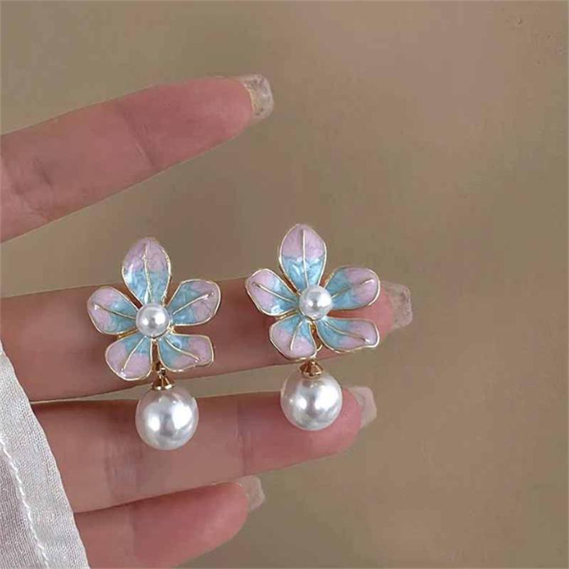 Pink Green Flower Dangle Earrings Imitation Pearl Ball Pendants Lovely Cute Plant Element Enamel Colorful Hanging Earrings