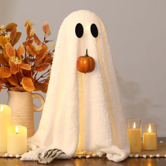 Yousheng Halloween Lighted White Ghost Spooky LED Light-Up Velvet Cloth Ghost with Pumpkin for Holiday Home Kitchen Fireplace Tabletop Decor