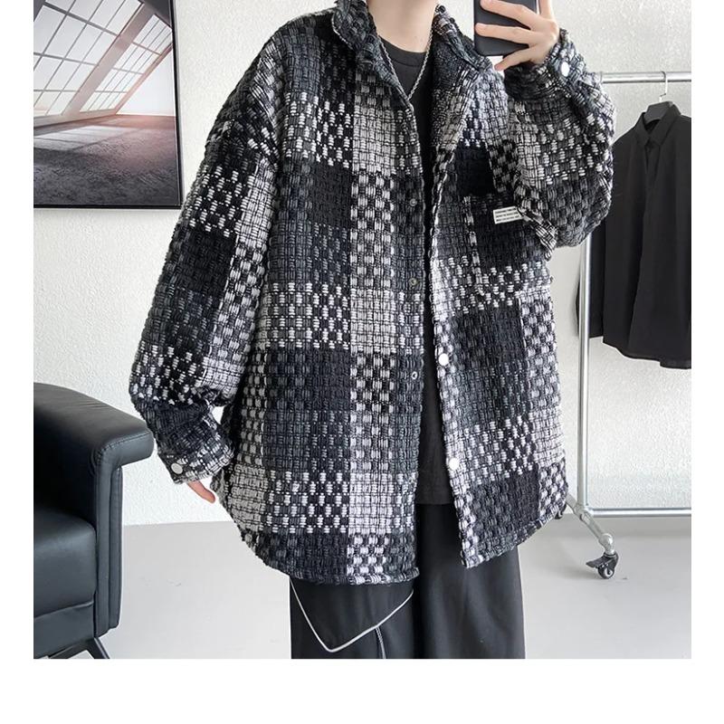 Fashion Loose Spell Color Grid Single Breasted Lapel Jacket Men's Spring Autumn Casual Jacket Pockets