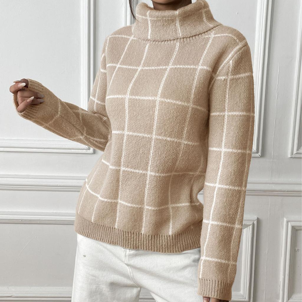 Women's Pullover Check Turtleneck with A Contrasting Base
