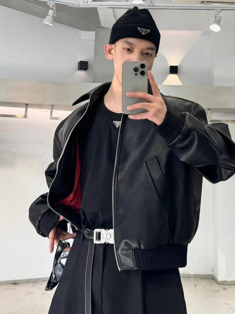 Men's Retro Hip-Hop PU Leather Motorcycle Jacket - Turn-Down Collar, Autumn Style, Loose Fit, Handsome Design.