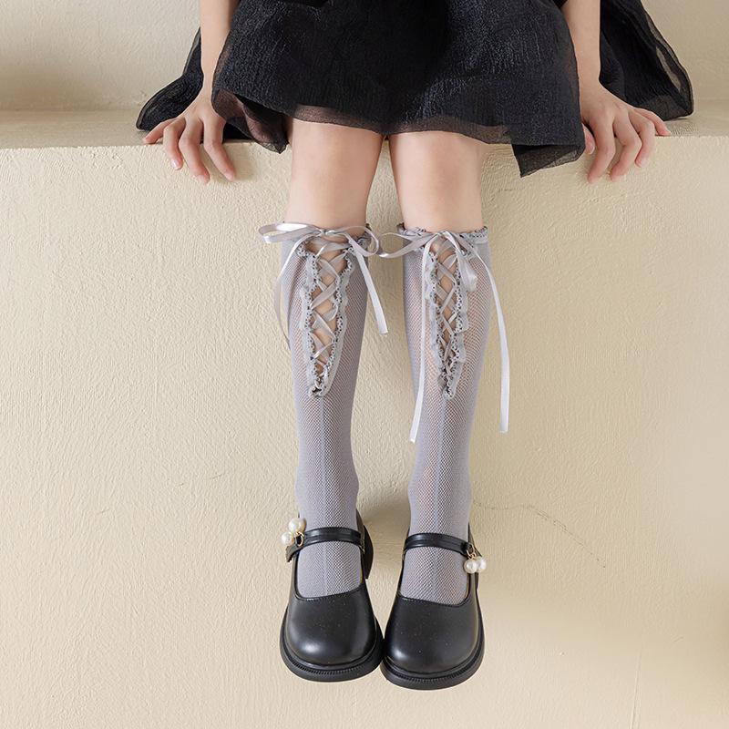 Girls  Pink Lace-up Bow Ruffle Calf Socks One Size серый