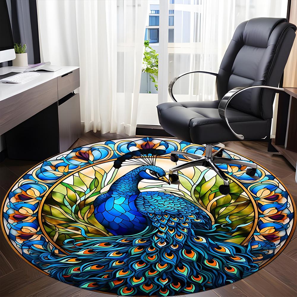1pc Peacock StainedGlass Office Round Area Rug, Indoor Mat Suitable For Office, Under Office Chairs Bedroom Living Room Home Decor, Room Deco 015