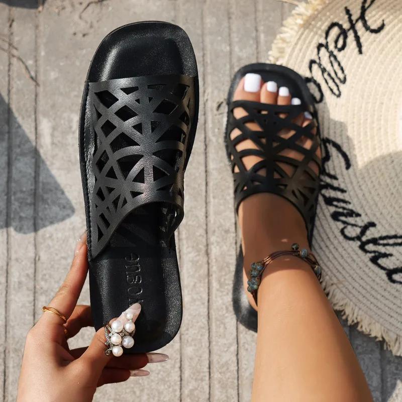 

Fashion Ladies Shoes 2024 Hot Sale Square Toe Women s Slippers Summer Rome Open Toe Solid Outdoor Casual Beach Large Size Slippers 43 чёрный
