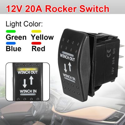 12V 20A 7-Pin Rocker Switch Winch In Winch Out (ON)-OFF-(ON) Rocker Switch Momentary LED Switch Blue Green