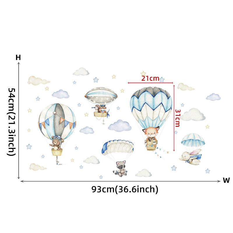 Watercolor Animals Hot Air Balloon Clouds Wall Stickers Blue Color for Kids Room Baby Nursery Room Wall Decals Boy Room Stickers