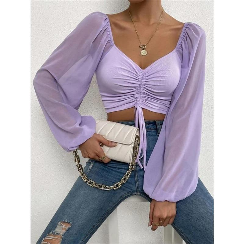 Spring Women's Blouse Low-cut Sexy V-neck Splicing Chiffon Drawstring Lantern Sleeve Slim Tops