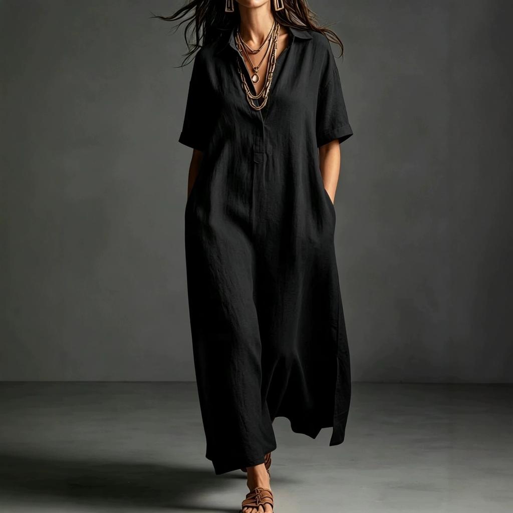 European and American women's clothing spring and summer new cotton and linen simple and elegant solid color short-sleeved lapel dress