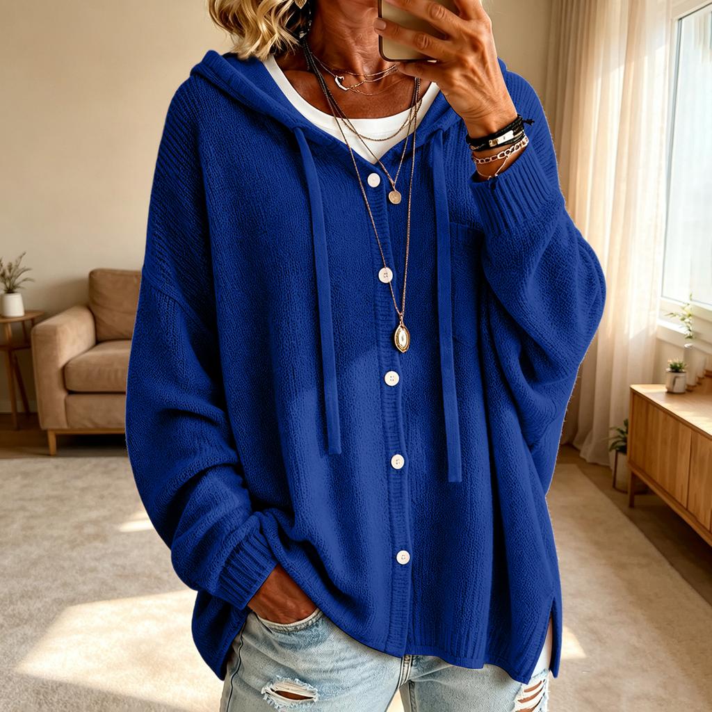 Women's Color Hooded Knit Cardigan with Buttons for Casual Daily Wear