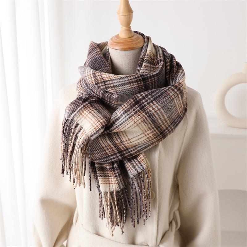 

Imitation Cashmere Literary Lines Plaid Warm Shawl Scarf Autumn And Winter Fashion Atmosphere Versatile Fringed Scarf 200X62cm (with tassel)