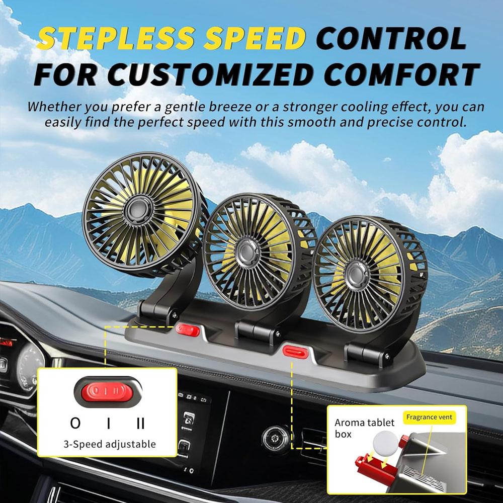 Car Fan 360° Adjustable 3 Head Air Fan Automotive Electric Fan USB/12V/24V Fan 2 Speeds Car Silent Fan For Home Desk Office&Car