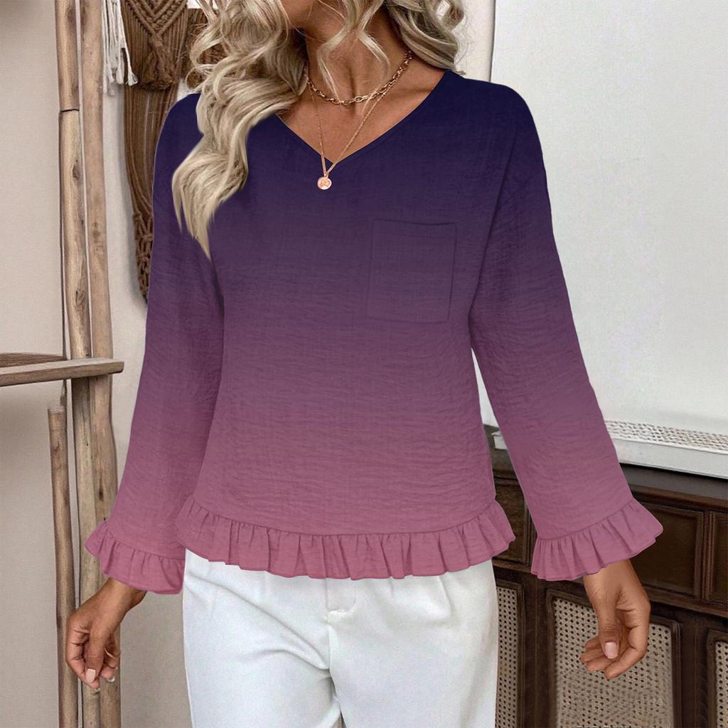 Women's Casual Fashion Ruffled V-Neck Pocket Gradient Print Long Sleeve Top