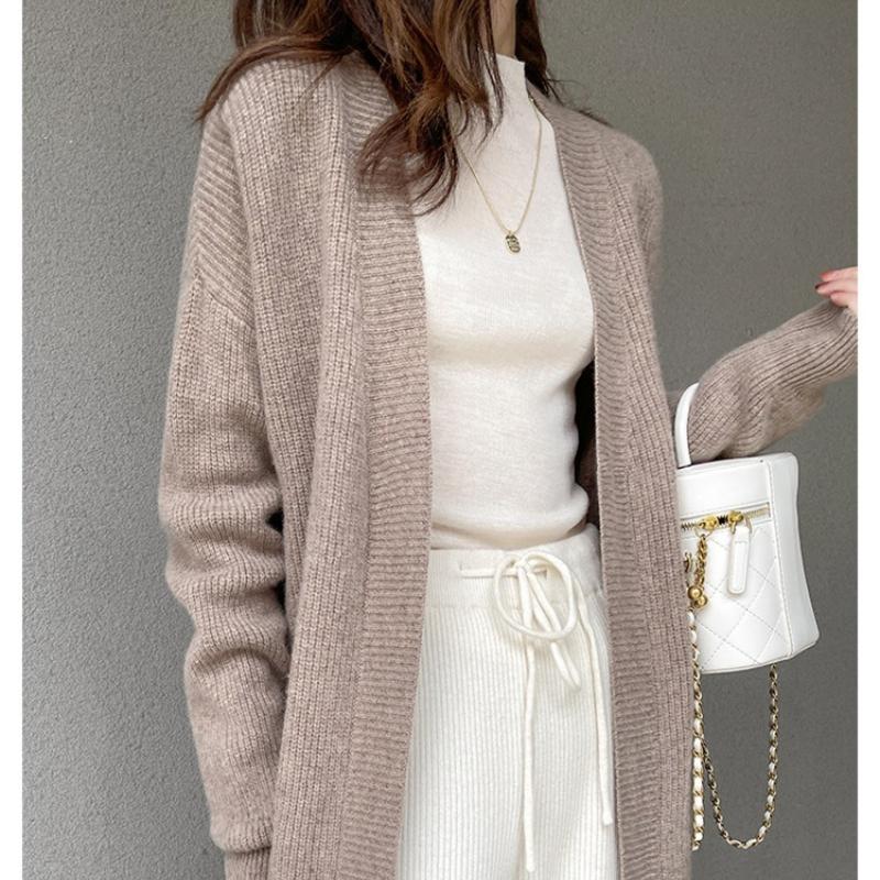 Knitted Women Cardigan Autumn Winter Casual V Neck Mid Length Coat Fashion Loose Solid Color Office Lady Sweater