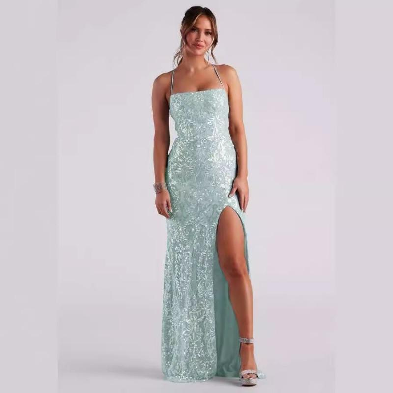 Women Sexy Off Shoulder Sequin Slit Floor Length Evening Party Gown