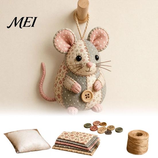 Kit de Costura de Ratón Patchwork para Regalo Hecho a Mano, Set de Manualidades con Tela Floral, Relleno y Botones de Tela, Adorno de Peluche Lindo para Principiantes