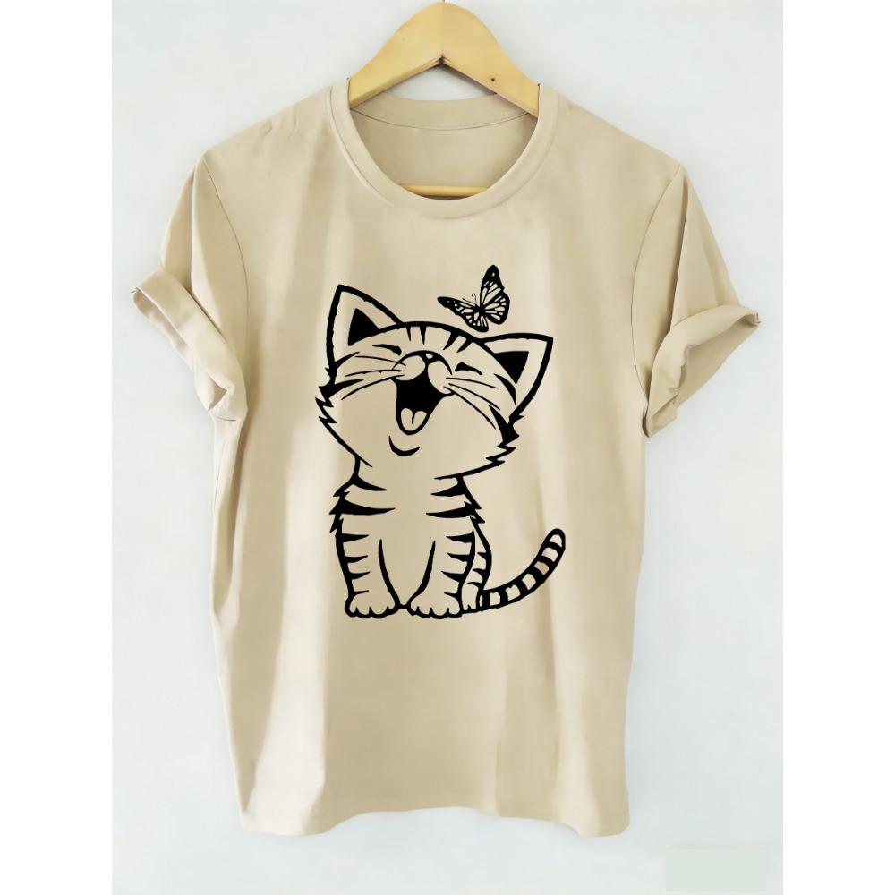 Graphic Cute Cat with Butterfly Print Retro Cat Funny T Shirts Men Women T-shirt Round Neck Short Sleeve Tee Shirt Cute