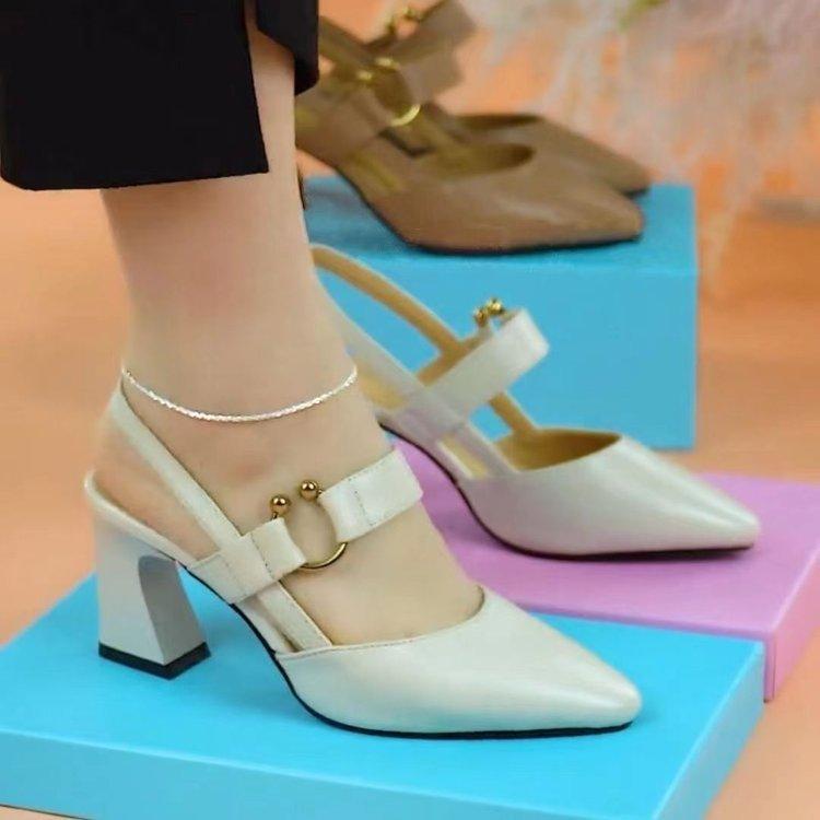 

High heels women s shoes leather wine glass heel 2025 spring new pointed temperament foreign style medium heel sandals 41