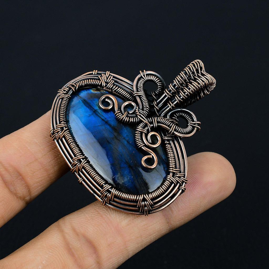 Blue Flash Labradorite Handmade Pendant, Natural Gemstone Jewelry, 999 Copper Wire Wrapped Pendant Jewelry, For Gift