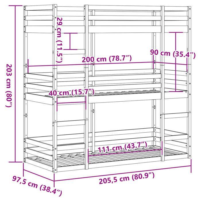 VidaXL Triple Bunk Bed White 90x200 Cm Solid Pine Wood, Three-Berth Bunk Bed, Mezzanine Bed, Bed 3284255