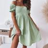 Spring Summer Women's Casual Off-Shoulder Dress with Ruching, Bubble Sleeves, Midi-Length, Stretchy, Elegant Ruffles