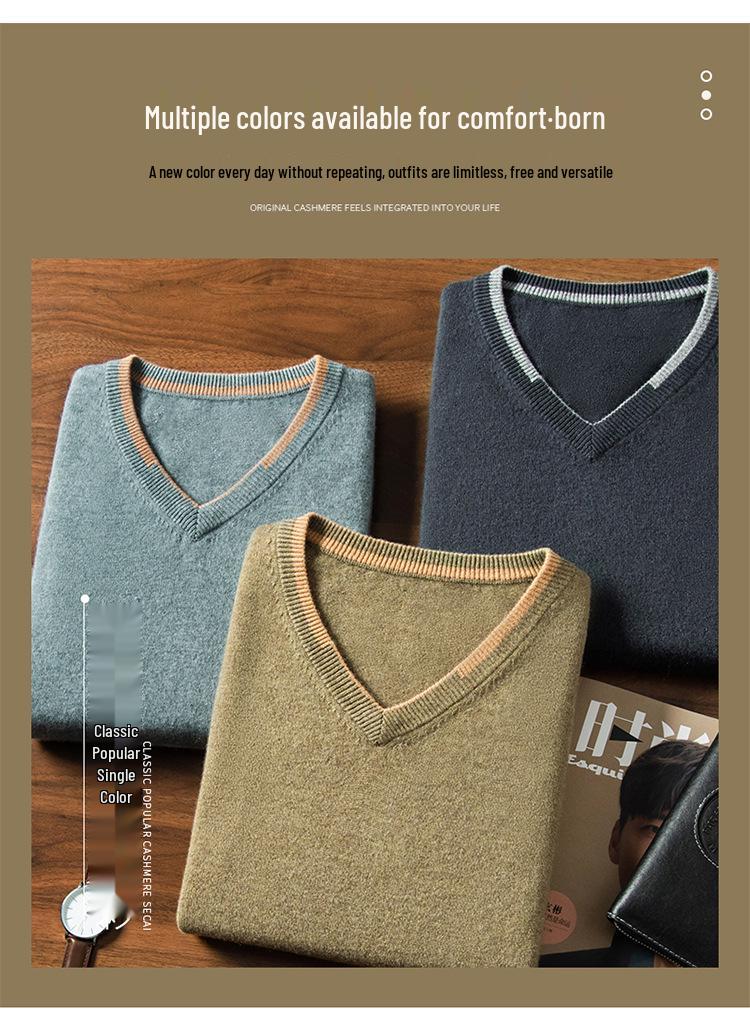 Men's V-neck Cashmere Sweater: Autumn/Winter Short Sleeve, Loose-Fit Knitwear, Color Block Half Sleeve, Casual and Trendy.