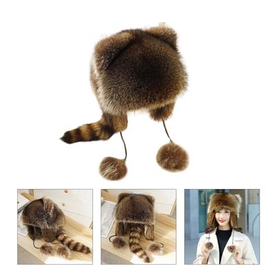 Thicken Plush Hat for Parent-Kids Windproof Plush Hat with Cute Raccoon Ear&Tail Adult Teens Winter Warm Mongolian Hat