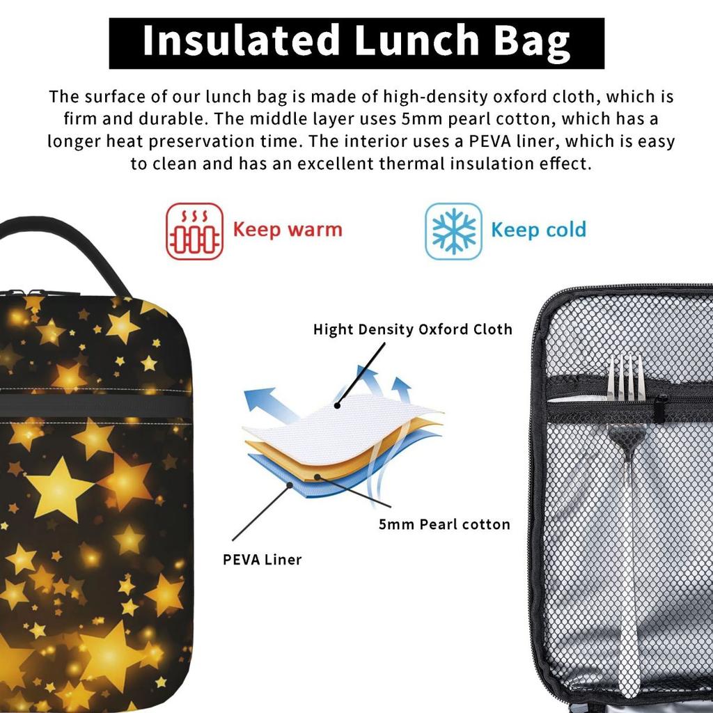 Star In Blackground Pattern Insulated Lunch Bag for Kids School Cooler Thermal Food Box Tote Portable Lunch Boxes Container