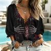 Women's Casual V-Neck Printed Blouse with Tie Front and Ruffle Trim, Three-Quarter Sleeve