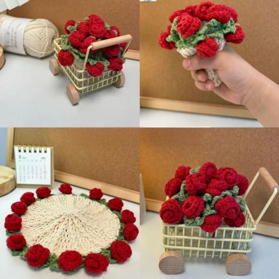 Yousheng Crochet Flowers Coaster Handmade Rose Coaster Potted Flowers Decorative Rose Bouquet Coaster with Basket Gift for Family Friends Flower