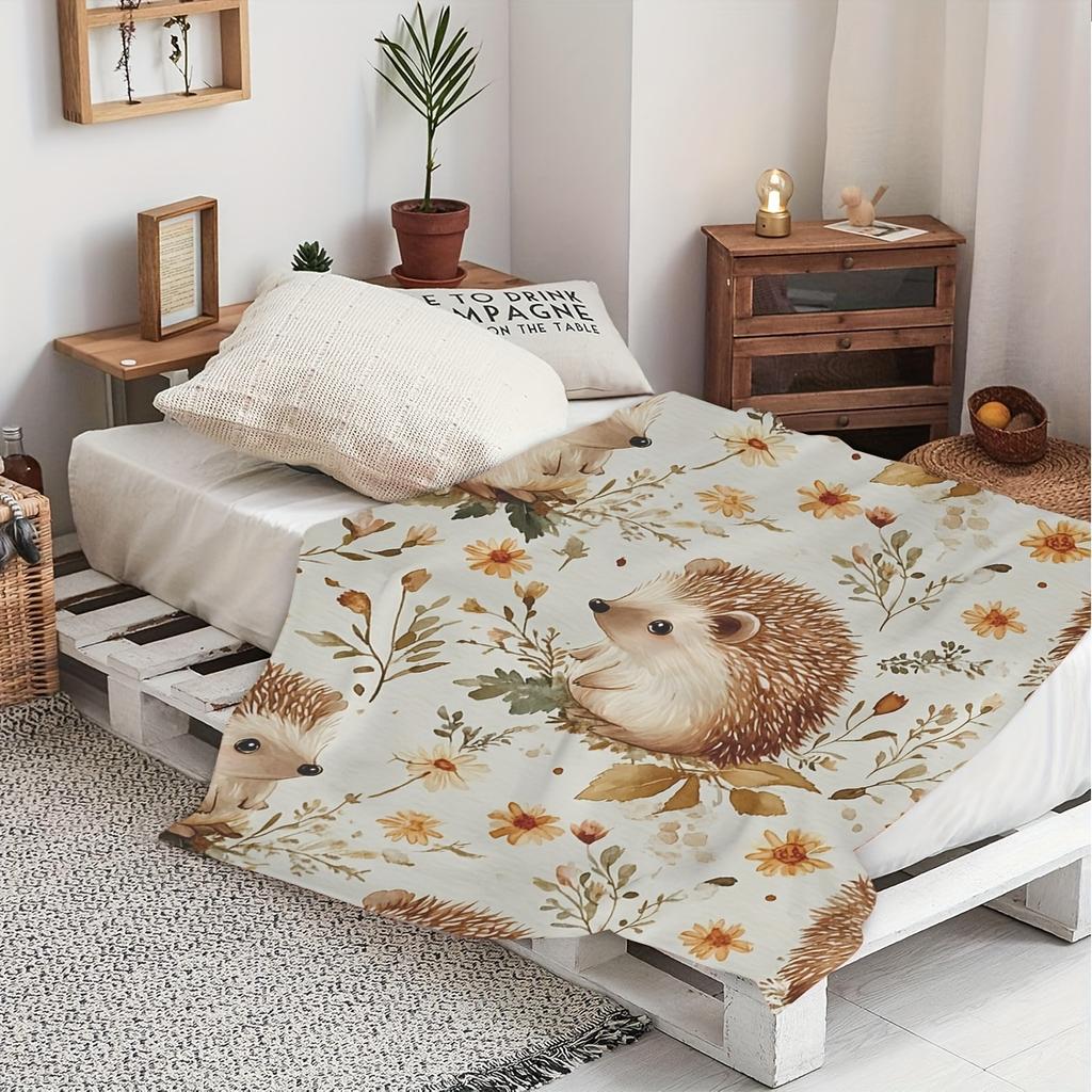 1pc Cozy Hedgehog Floral Blanket - Soft Flannel Polyester Throw with Adorable Hedgehog & Flower Design, Perfect for Home Decor,