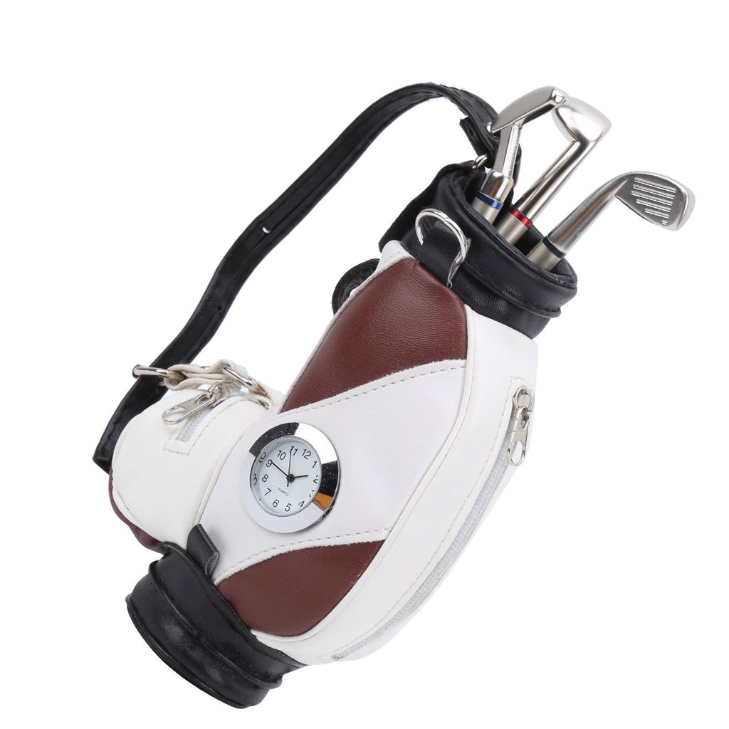 Mini Desktop  Golf Bag Pen Clock  Zinc Alloy PU Leather with Golf Pens Souvenir Set GiftBrown White