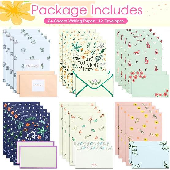 36 PCS Stationary Set with Envelopes,6 Different Style Cute Letter Writing Kit,24 Stationery Paper + 12 Envelopes