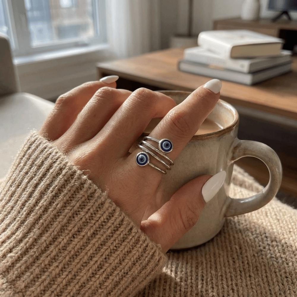 Bague Œil Bleu Double Zirconium Couleur Argent Bague de Doigt Réglable Anneaux Torsadés Tendance Fête
