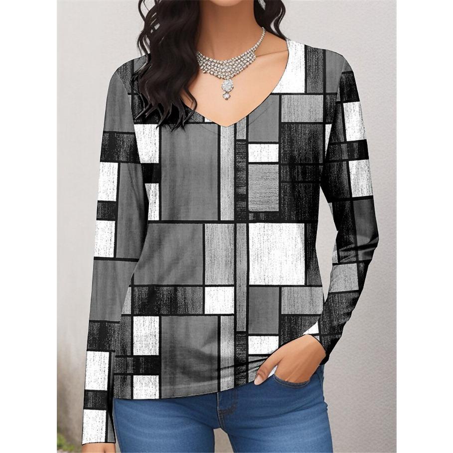 Women's T-shirt Plaid 3D Printed Long Sleeved Casual Daily Tops Fashion V-neck for Spring and Autumn T-shirts