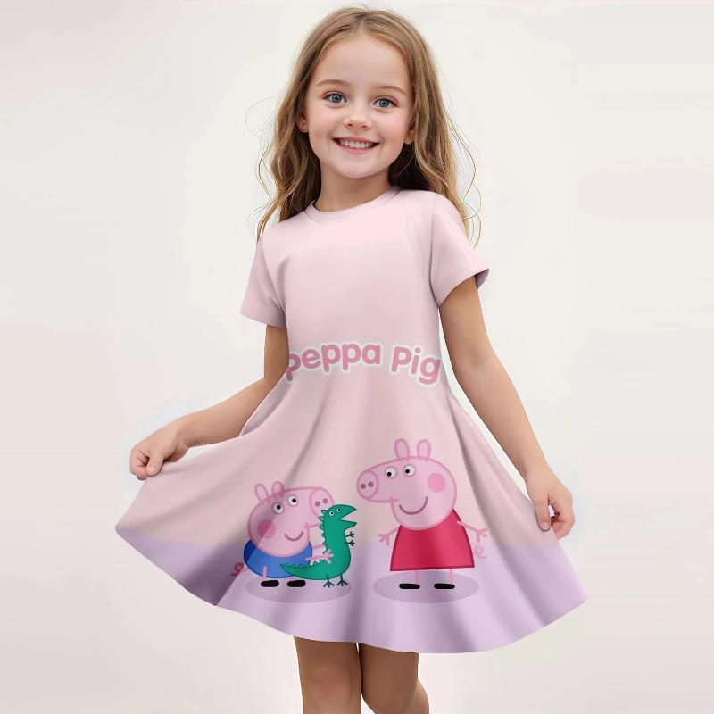 Summer Girls Fashion Casual Cute Cartoon Gradient Rainbow Full-print Round-neck Short-sleeved Waist-cinching Dress