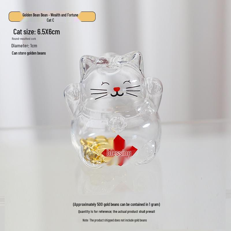 Three-Dimensional High Borosilicate Glass Fortune Cat Coin Bank and Gift Jar.