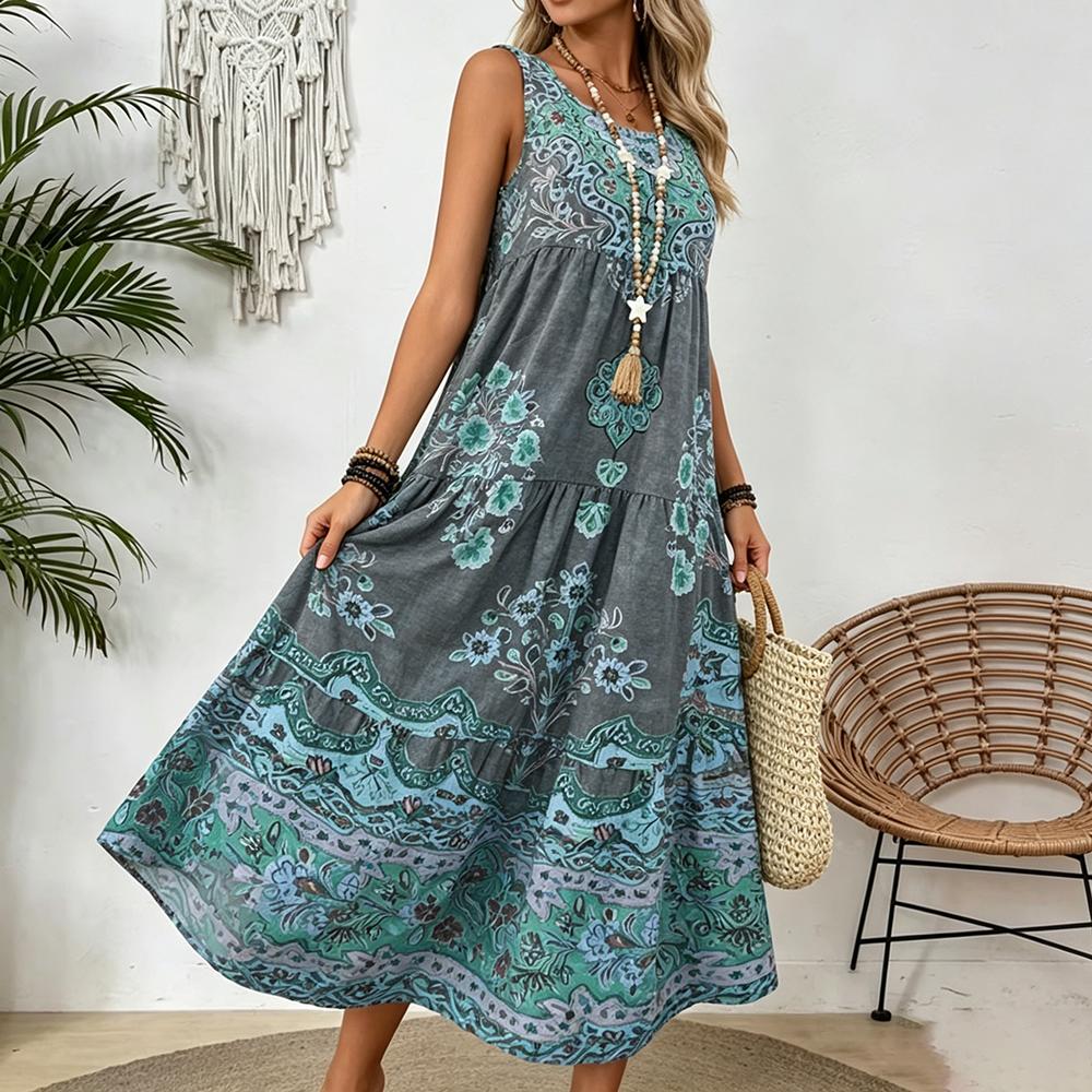 Women's Vintage Boho Floral Print Sleeveless Tiered Midi Dress, Casual Loose Swing Dress for Summer Vacation