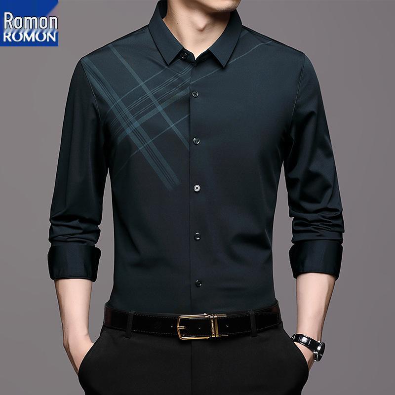 Romon Herren Maulbeerseide Langarm Nahtloses Knitterfreies Business Casual Hemd