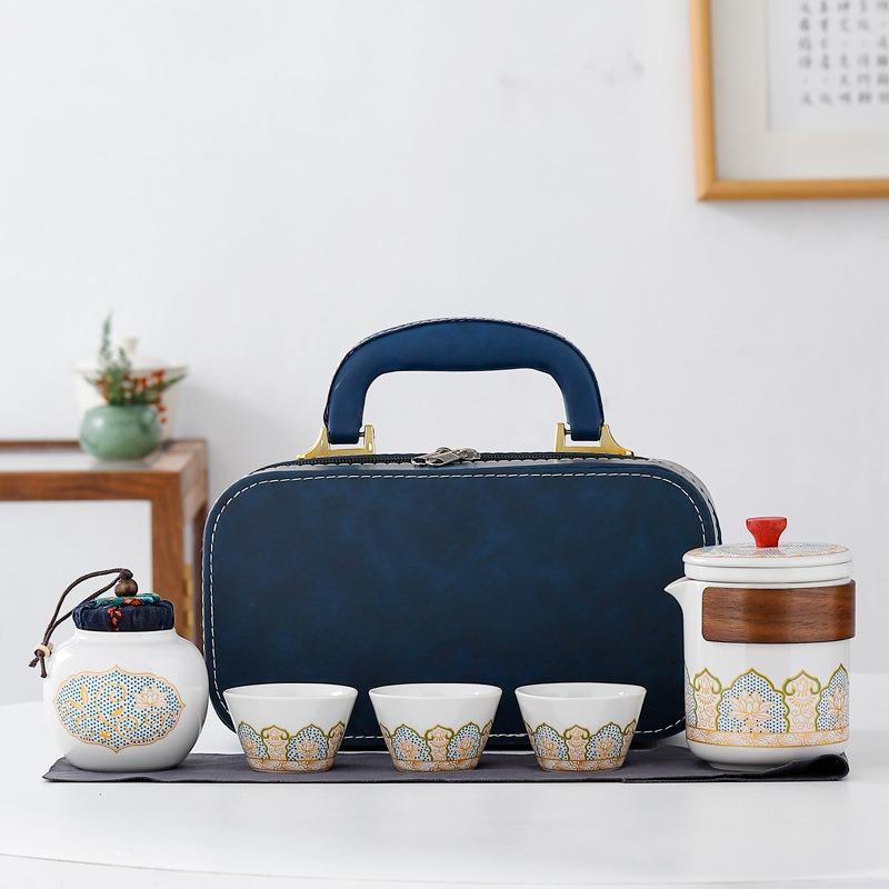 Portable Travel Tea Set, Ceramic Teapot & Cups with Storage Bag for Outdoor & Gift