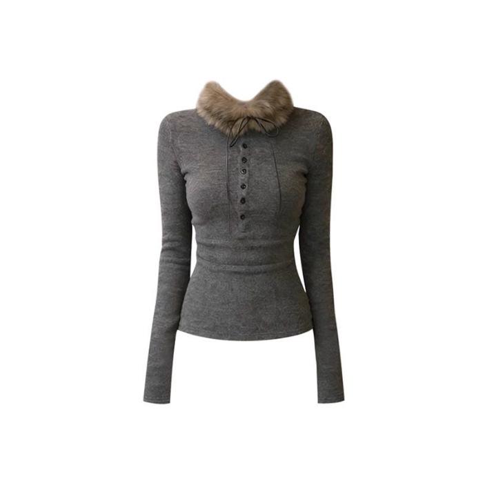 

Xinwang Retro Gray Long Sleeve T-Shirt with Fur Collar, 260g Modal, Slim Fit. S