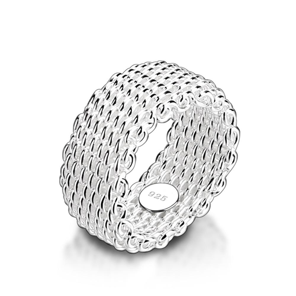 Cold Wind White Geometric Woven Mesh Soft Ring Women'S Thick Rhodium Gold Jewelry