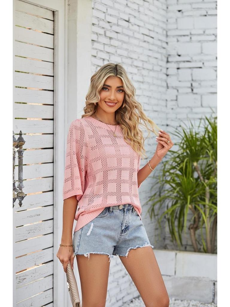Cardigan Tricotado Feminino Primavera Verão 2025 Gola Redonda Proteção Solar, Acrílico com Renda Transpassado Leve Boho Chic Shrug de Praia