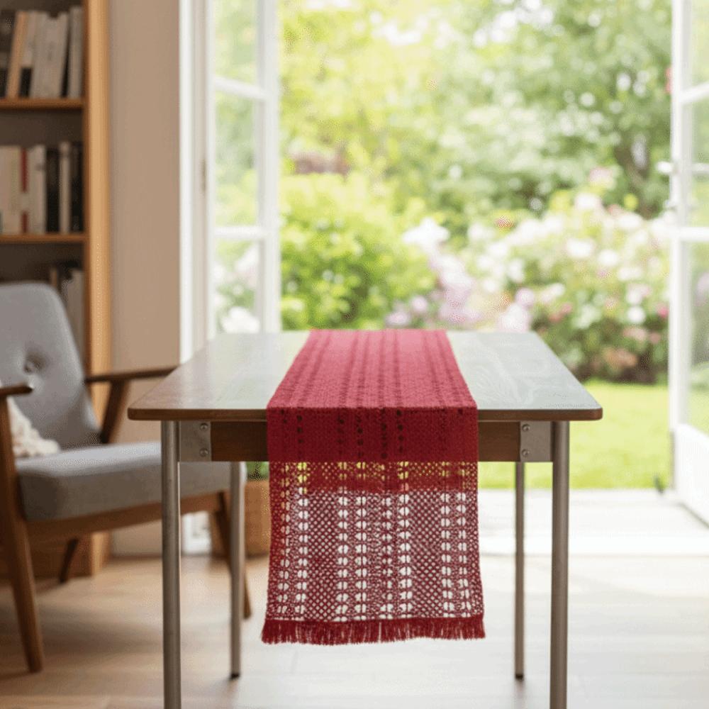 Traditional Chinese New Year Table Runner Long Strip Vintage Red Tablecloth Decorative Elegant Hollowed-out Tassels Runner